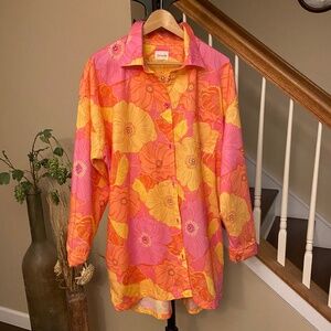 Floral Long Sleeve Organic Cotton Sleep Shirt In Sunkissed Poppies Sz Large